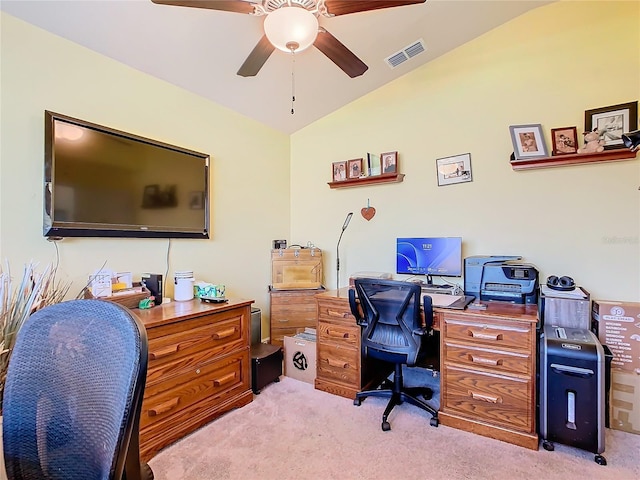 649 Meadow Pointe Dr, Haines City, FL 33844 - office featuring light colored carpet, vaulted ceiling, a ceiling fan, and visible vents