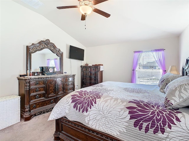 649 Meadow Pointe Dr, Haines City, FL 33844 - bedroom featuring light carpet, visible vents, ceiling fan, and lofted ceiling