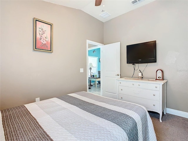 649 Meadow Pointe Dr, Haines City, FL 33844 - bedroom featuring baseboards, visible vents, lofted ceiling, ceiling fan, and light colored carpet