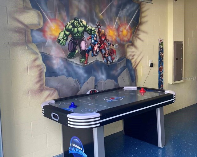 1646 Moon Valley Dr, Davenport, FL 33896 - playroom with concrete block wall and electric panel