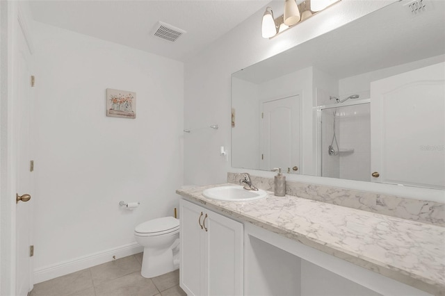 full bath featuring tile patterned flooring, visible vents, a shower stall, and vanity