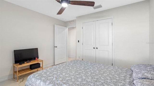 bedroom featuring a ceiling fan, a closet, visible vents, and baseboards