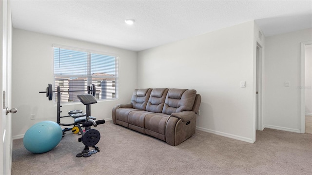 workout room featuring a textured ceiling, carpet, and baseboards