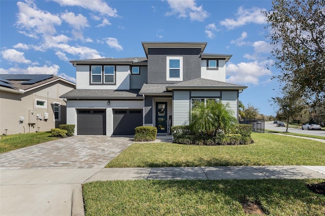 prairie-style home featuring a front lawn, decorative driveway, an attached garage, and stucco siding