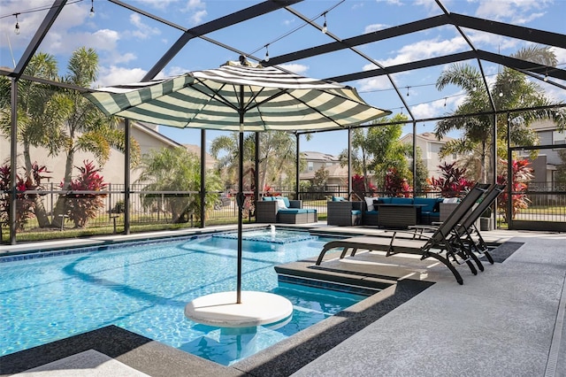 view of swimming pool with a fenced in pool, a lanai, a patio, and an outdoor living space