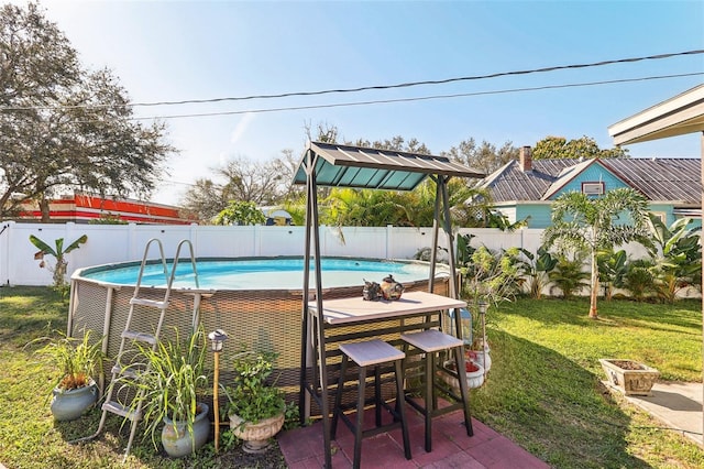 view of pool featuring a yard, a fenced backyard, and a fenced in pool