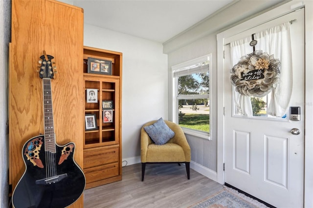 sitting room with baseboards and wood finished floors