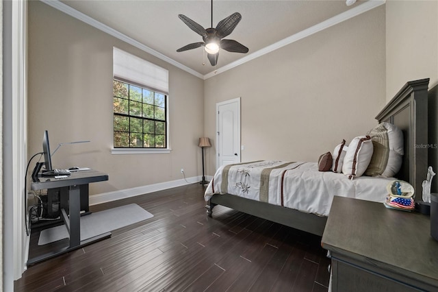 bedroom featuring baseboards, ceiling fan, dark wood finished floors, and crown molding