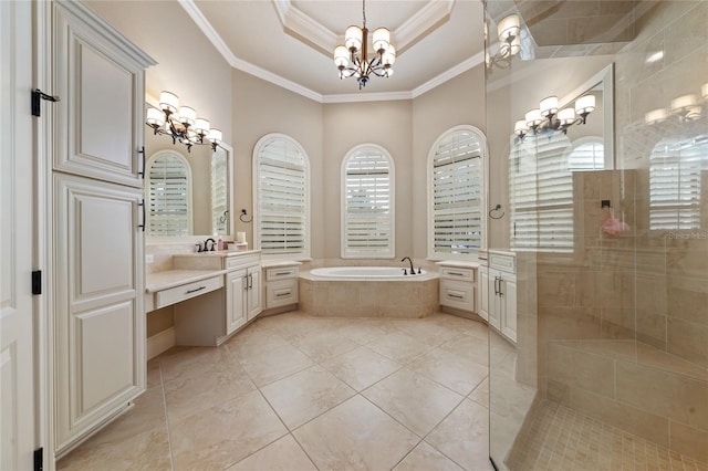 full bath featuring a chandelier, a garden tub, a tile shower, a raised ceiling, and crown molding