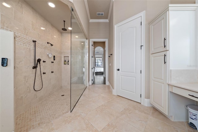 full bathroom with a walk in shower, connected bathroom, visible vents, and crown molding