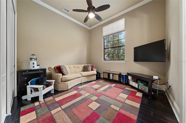 living room with a ceiling fan, baseboards, visible vents, dark wood-style floors, and crown molding