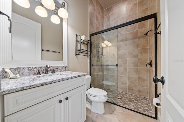 full bathroom with toilet, a stall shower, vanity, and tile patterned floors