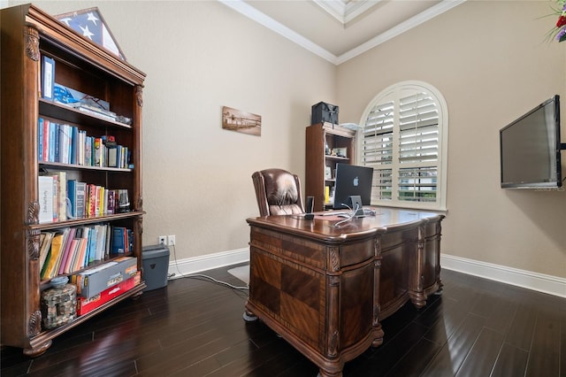 office space with crown molding, baseboards, and dark wood-type flooring