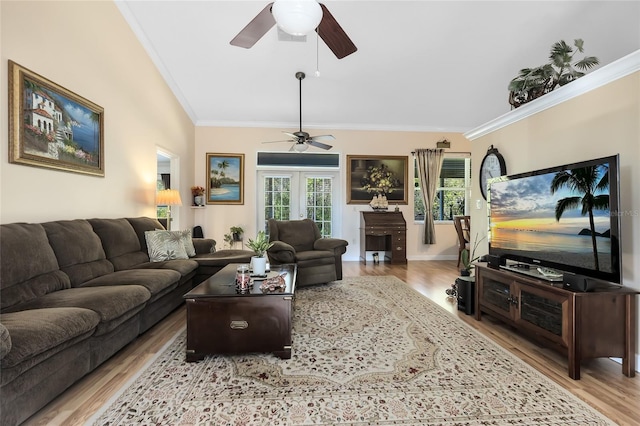 4222 Gold Rush Ln, Saint Cloud, FL 34772 - living area featuring ceiling fan, ornamental molding, and wood finished floors