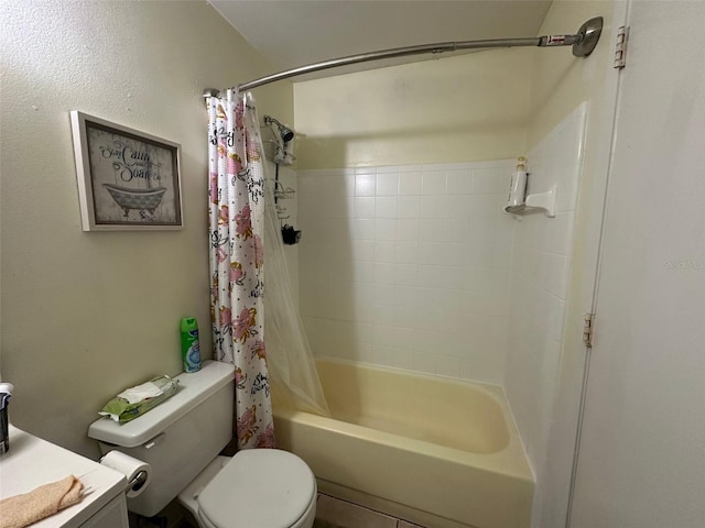 bathroom with shower / bath combo, vanity, and toilet