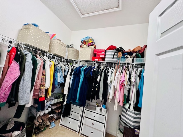 spacious closet with attic access and light colored carpet