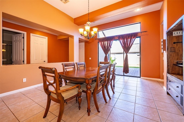 dining area with a chandelier, visible vents, baseboards, and light tile patterned floors