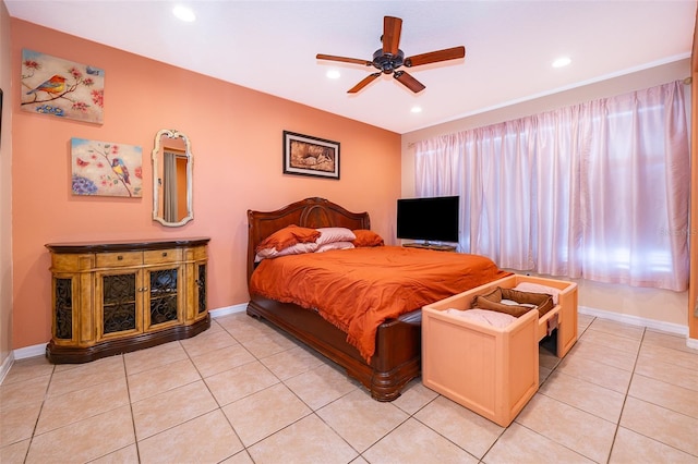 bedroom with recessed lighting, baseboards, a ceiling fan, and light tile patterned flooring