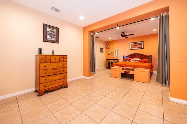 bedroom featuring recessed lighting, visible vents, baseboards, and light tile patterned flooring