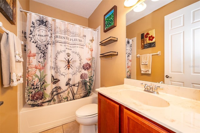 full bathroom with shower / bath combo, tile patterned flooring, vanity, and toilet