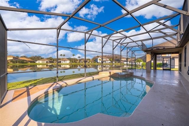 view of swimming pool with a patio area, a lanai, a pool with connected hot tub, and a water view