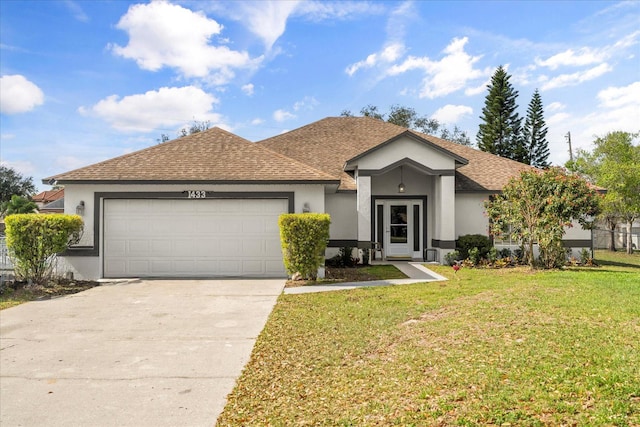 single story home featuring an attached garage, driveway, roof with shingles, stucco siding, and a front yard