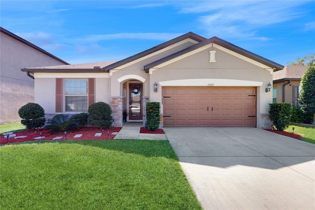 ranch-style home featuring an attached garage, driveway, a front lawn, and stucco siding