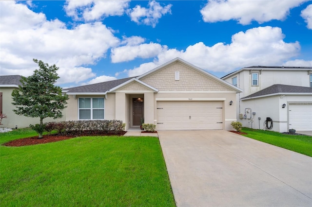 ranch-style house with a garage, stucco siding, concrete driveway, and a front yard