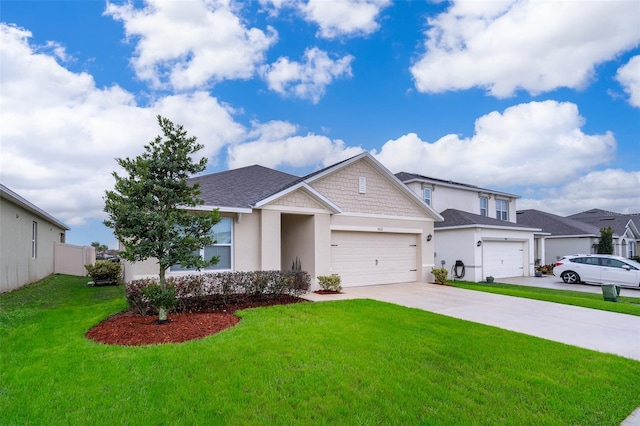 view of front of property featuring driveway, a garage, a front lawn, and stucco siding