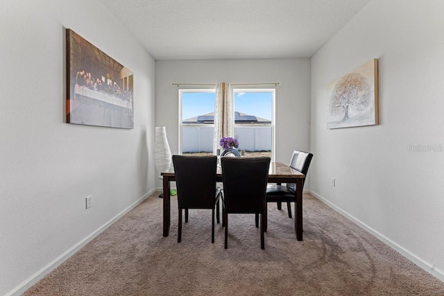 carpeted dining area with baseboards and a textured ceiling