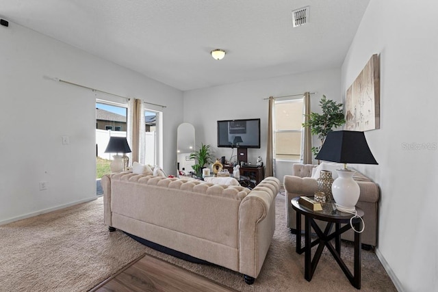 carpeted living area with plenty of natural light, visible vents, and baseboards