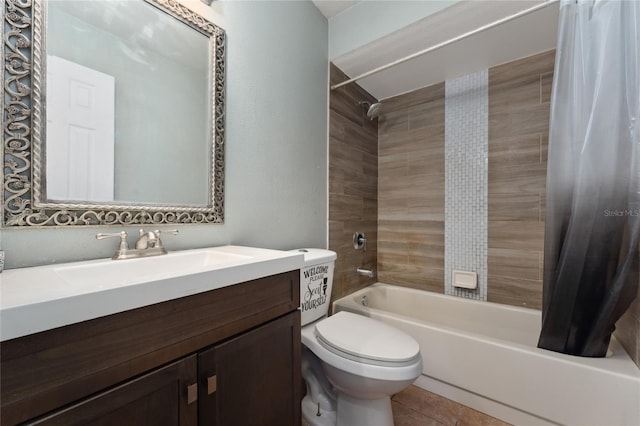 full bath featuring toilet, tile patterned floors, shower / tub combo with curtain, and vanity