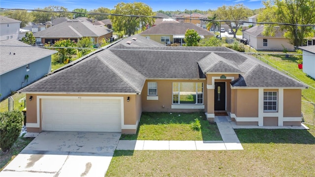 single story home featuring stucco siding, driveway, a residential view, roof with shingles, and a front yard