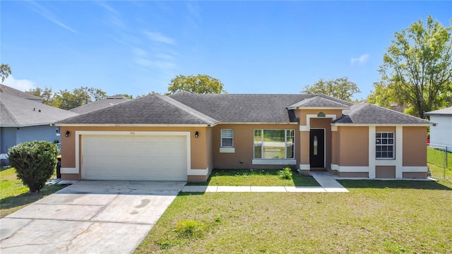 ranch-style home featuring a front lawn, concrete driveway, roof with shingles, stucco siding, and a garage