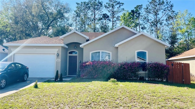 ranch-style house featuring stucco siding, concrete driveway, an attached garage, a front yard, and fence