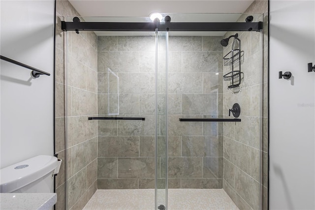 bathroom featuring a stall shower and toilet