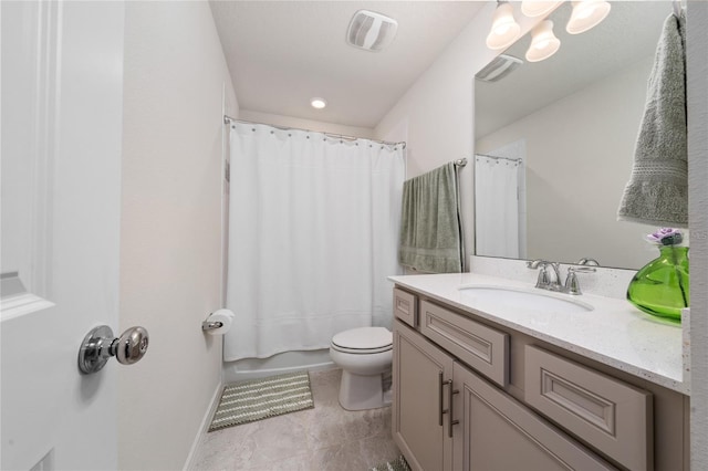 bathroom featuring shower / tub combo, visible vents, vanity, and toilet