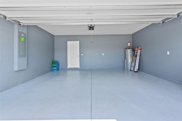 garage featuring concrete block wall, electric panel, baseboards, a garage door opener, and electric water heater