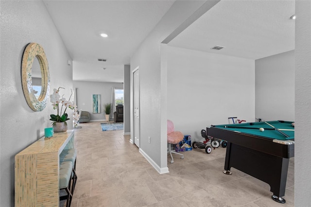 playroom featuring visible vents, billiards, and baseboards