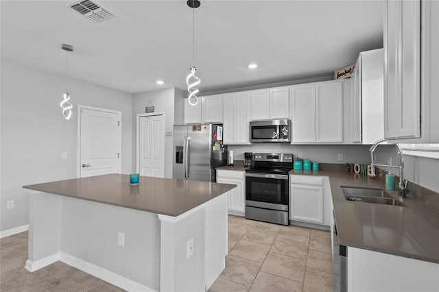 kitchen with stainless steel appliances, a sink, visible vents, white cabinetry, and dark countertops