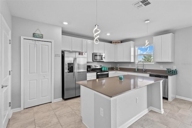 kitchen with stainless steel appliances, a sink, visible vents, and white cabinetry