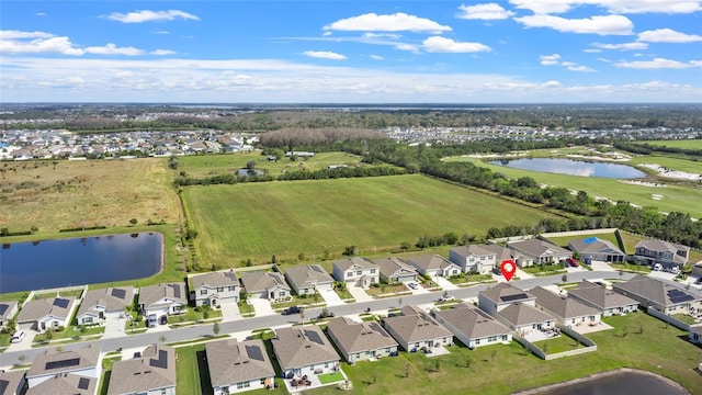 birds eye view of property with a water view and a residential view