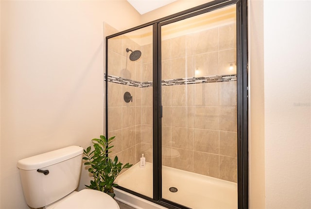 bathroom with a stall shower and toilet