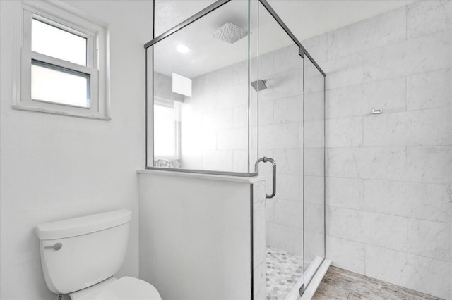 full bathroom featuring a stall shower and toilet