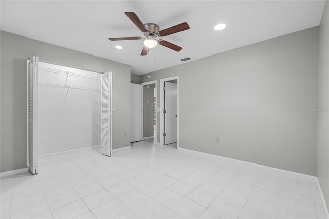 unfurnished bedroom with baseboards, visible vents, a ceiling fan, a closet, and recessed lighting