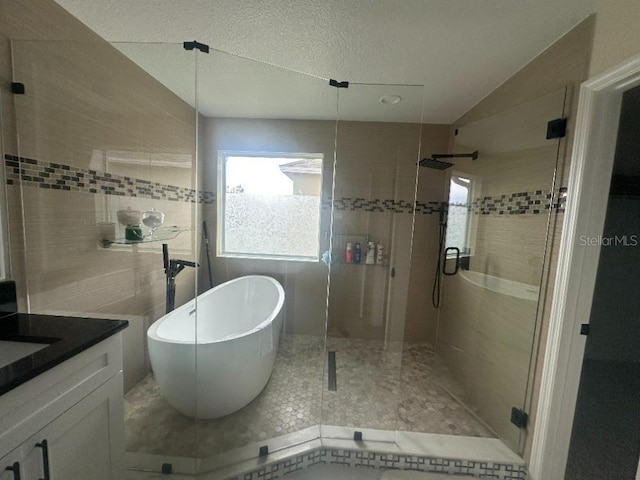 bathroom with lofted ceiling, a freestanding tub, a shower stall, and vanity