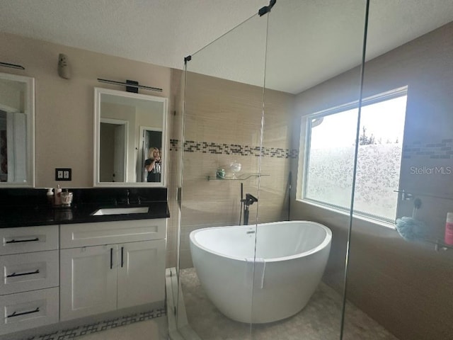 full bathroom with a freestanding tub, tile walls, and vanity