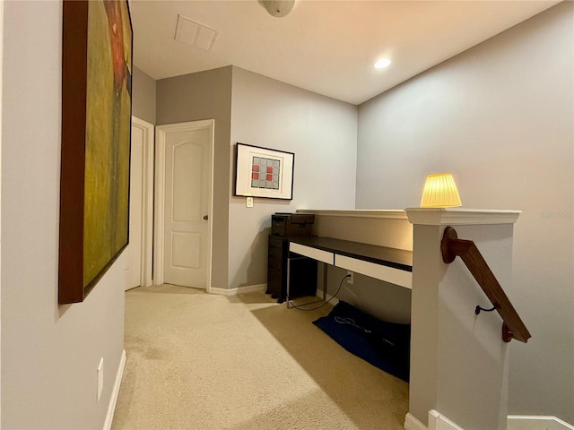 carpeted office with recessed lighting, visible vents, and baseboards