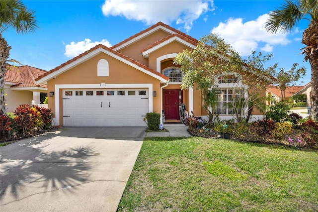 view of front of house with a tile roof, stucco siding, concrete driveway, an attached garage, and a front yard