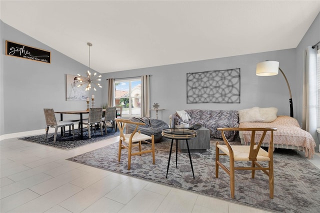 living area featuring a notable chandelier, vaulted ceiling, and baseboards